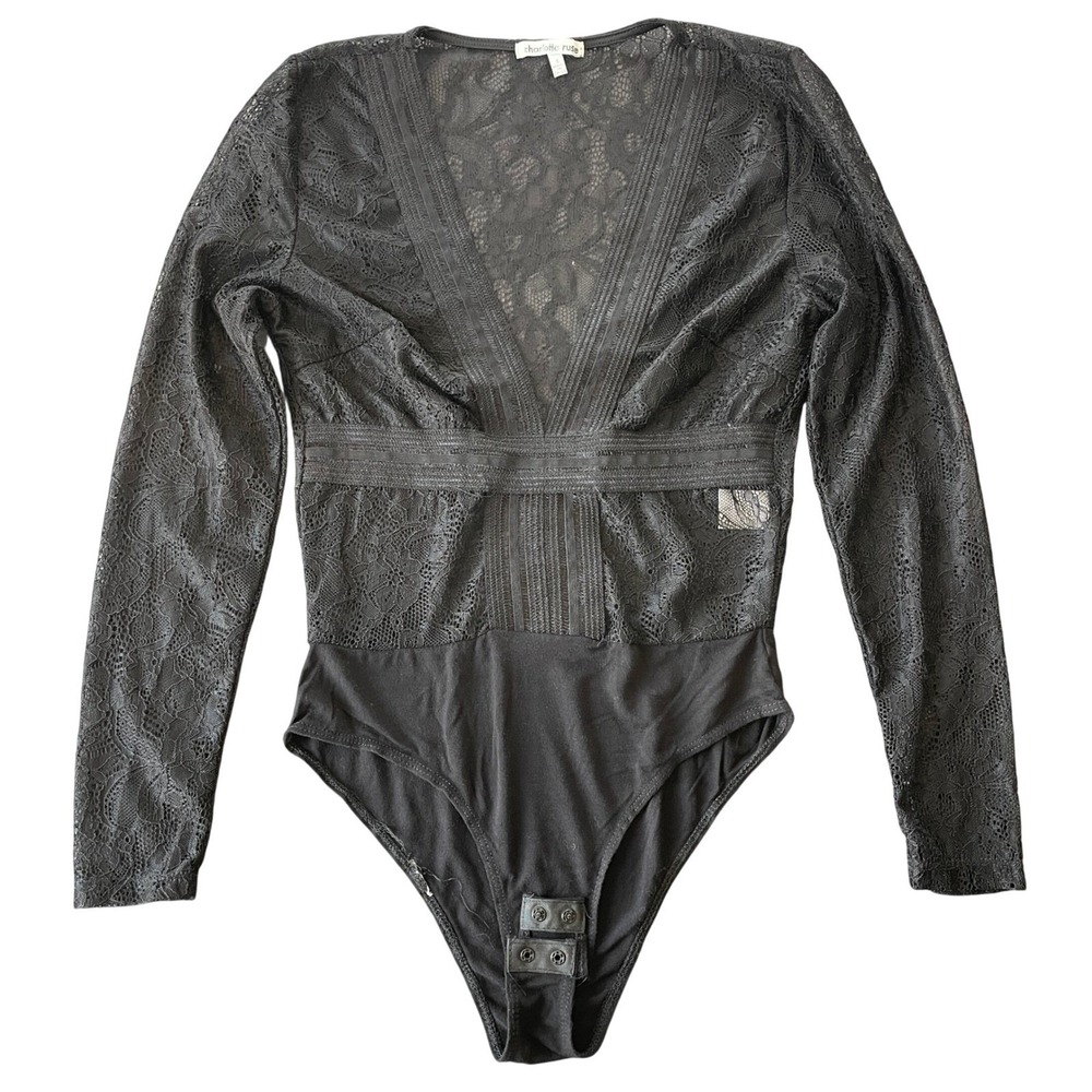 Charlotte Russe Lace Bodysuit Womens S Black Sheer Plunge Goth Whimsigoth